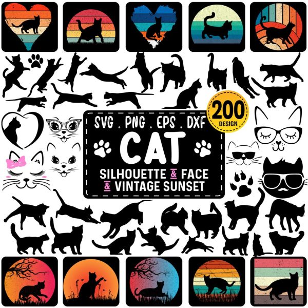 Cat Silhouette SVG, Cat Svg, Cat Head Svg, Cat Face Svg, Cat Cut Files, Cat Design, Kitten Svg,Cat Vector,Cat Vintage Sunset, Pet Silhouette